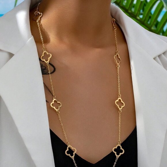 Yellow Gold Women's One Hollow Out Clover Pendant Long Chain Vintage Neclace - Picture 2 of 6